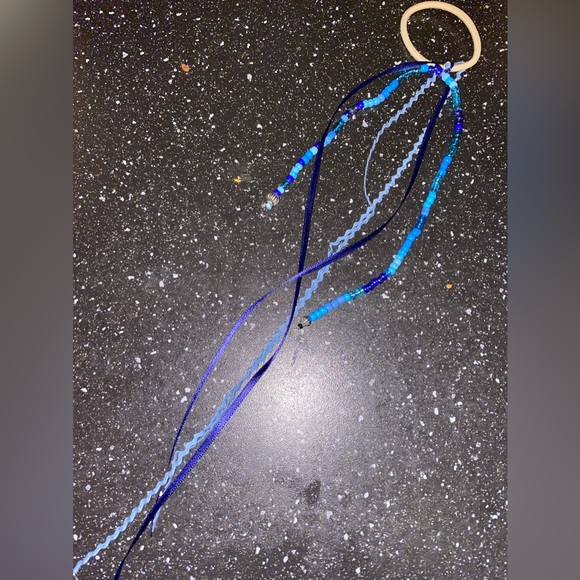NEW! Handmade Embellished Hair Elastic w Ribbons & Beaded Strands in Blue - Picture 3 of 3